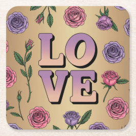 ラベンダーLOVE文字金ゴールドコースターセット スクエアペーパーコースター