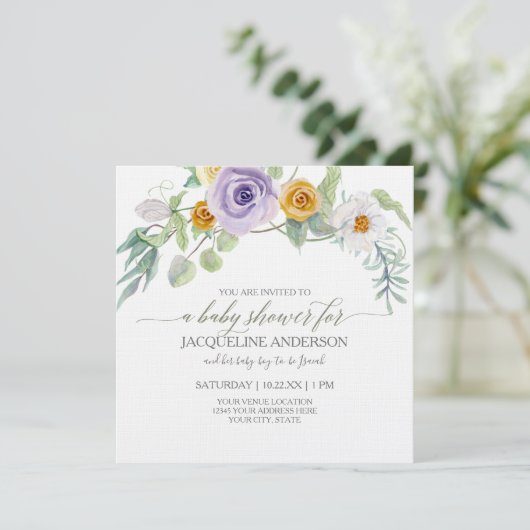 ラベンダーnアンバーバラフローラウッドベビーシャワーガール 招待状 (スタンド正面)