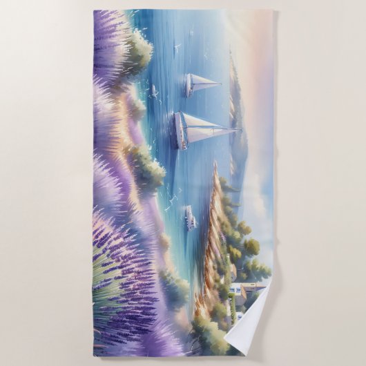 ラベ地中海のンダーコーストと帆船 ビーチタオル (正面)