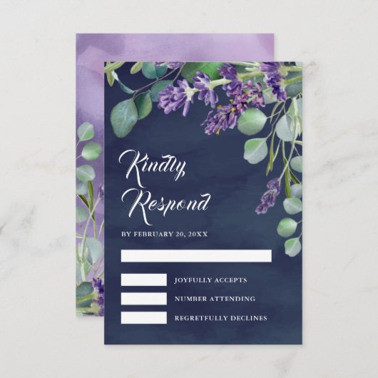 ラベ素朴ンダーとユーカリのネイビーブルー結婚ズ 出欠カード (正面/裏面)