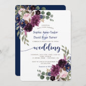 ラベ素朴ンダーネイビーブルーフローラ開花結婚ズ 招待状 (正面/裏面)