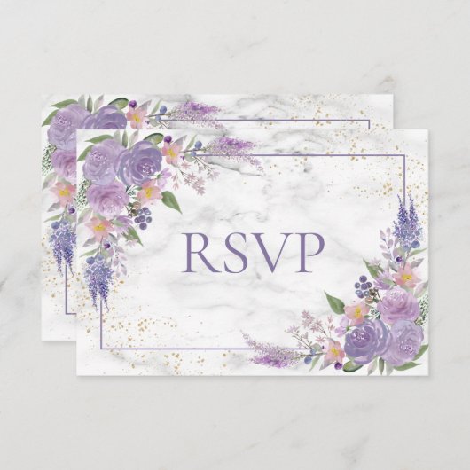 ラベ素朴ンダー薄紫金ゴールドフローラウェディングRSVP 出欠カード (正面/裏面)