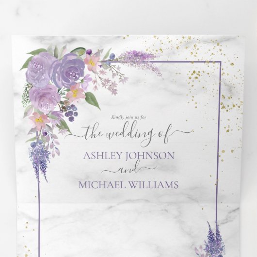 ラベ素朴ンダー薄紫金ゴールドフローラ結婚写真 三つ折り招待状 (内部最初)