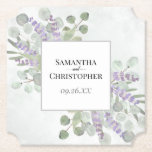 ラベ素朴ンダー&ユーカリプスエレガントな結婚式 ペーパーコースター<br><div class="desc">これらの美しい紙コースターはあなたの披露宴、リハーサルのディナーや他のお祝いに特別なtouch結婚を追加する。ラベンダーの花やユーカリの絵を描花々に囲まれた白いフレームの中に結婚、あなたの名前と日付の手の水の色のデザインを備えている。素朴エレガントと、シックな、これらのコースターは必ず喜ぶ。</div>