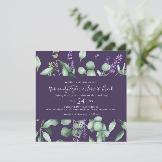 ラベ素朴ンダー&ユーカリプルーズパープルスクエア結婚ズ 招待状 (スタンド正面)