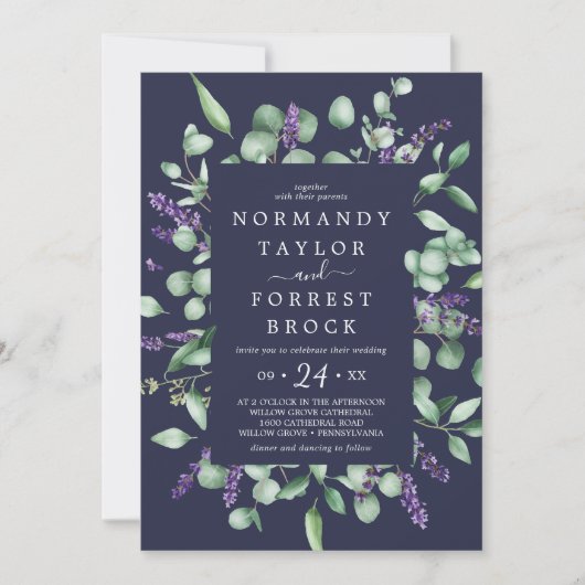 ラベ素朴ンダ |ネイビーブルーフローラフレ結婚ーム 招待状 (正面)