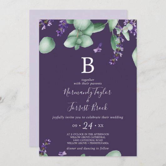 ラベ素朴ンダ |パープルモノグラム結婚ズ 招待状 (正面/裏面)