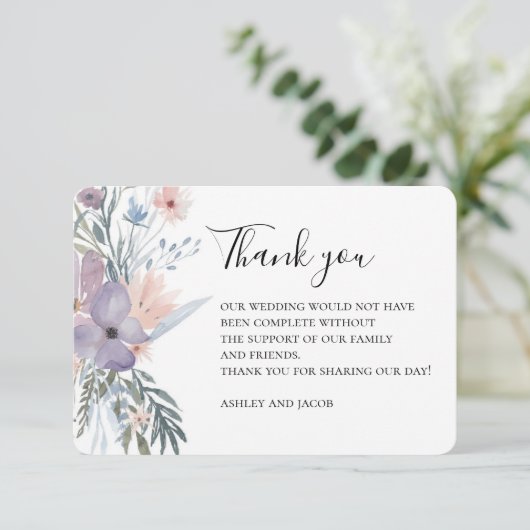 ラベ結婚ンダ感謝していーの紫の花。植物学の サンキューカード (スタンド正面)