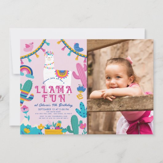 ラマおもしろいアルパカガールピンク誕生日写真 招待状 (正面)