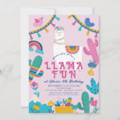 ラマおもしろいアルパカガールピンク誕生日 招待状 (正面)