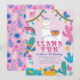 ラマおもしろいアルパカガールピンク誕生日 招待状