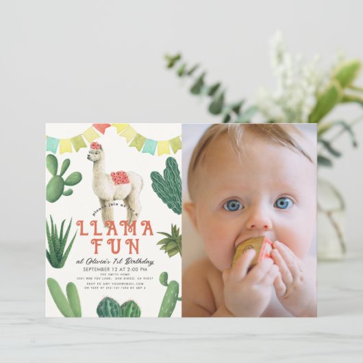 ラマおもしろいアルパカサボス1歳の誕生日の写真 招待状 (スタンド正面)