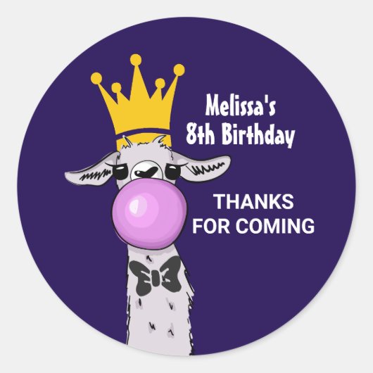 ラマおもしろいイラストレーション吹ズ・ザ・ピンク・バブル ラウンドシール (正面)