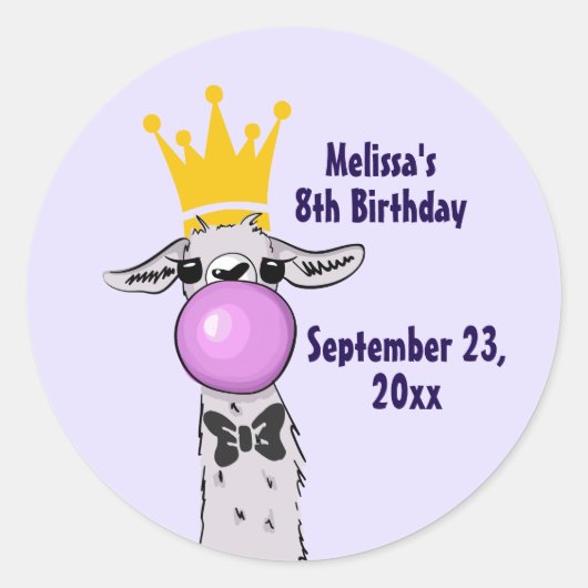 ラマおもしろいイラストレーション吹ズ・ザ・ピンク・バブル ラウンドシール (正面)