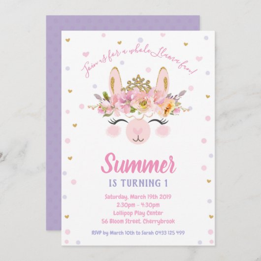 ラマおもしろいガール1st誕生日パーティアルパカ 招待状 (正面/裏面)