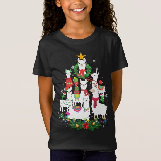 ラマおもしろいクリスマスツリーアルパカクリスマスライツホリ Tシャツ (正面)