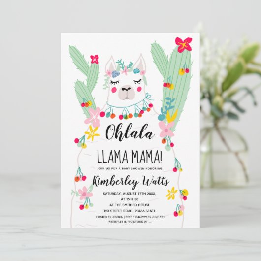 ラマおもしろいサボテンイラストレーションフィエスタ赤ちゃんシャワー 招待状 (スタンド正面)
