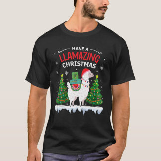 ラマおもしろいサンタハットクリスマスパジャマスアルパカラ Tシャツ