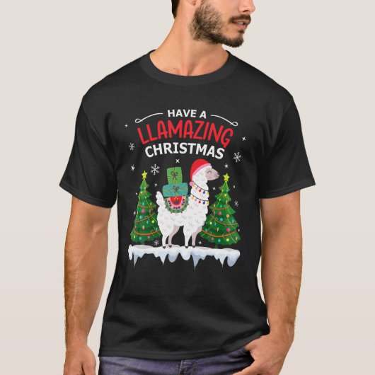 ラマおもしろいサンタハットクリスマスパジャマスアルパカラ Tシャツ (正面)