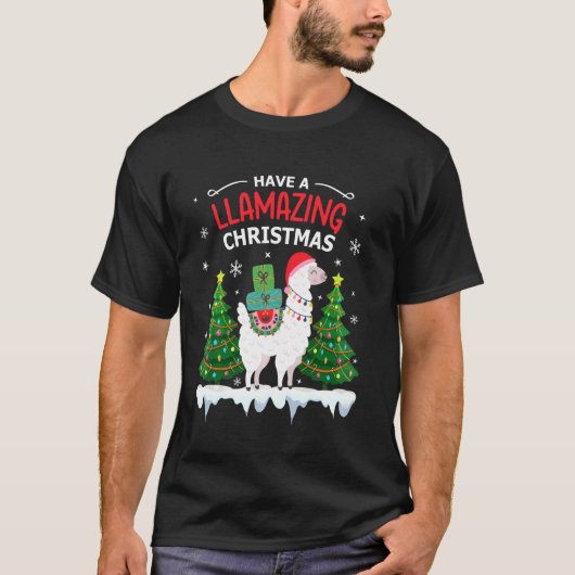 ラマおもしろいサンタハットクリスマスパジャマスアルパカラ Tシャツ (正面)