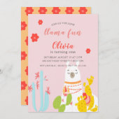 ラマおもしろい誕生日ピンク 招待状 (正面/裏面)