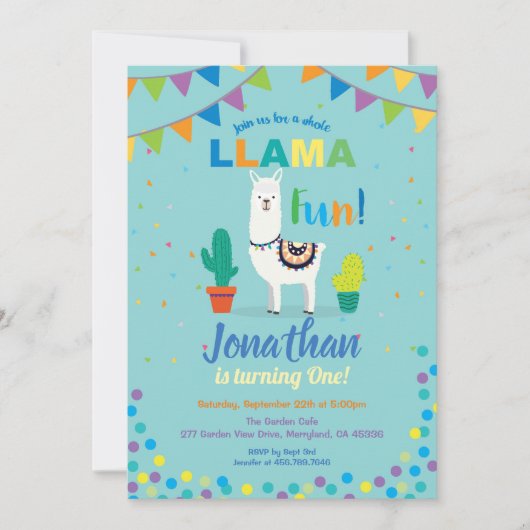 ラマおもしろい1回目の誕生日の招待状。ターコイズ 招待状 (正面)