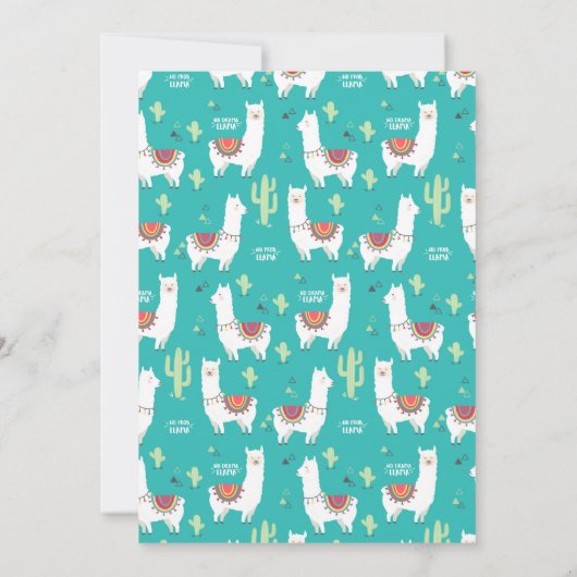 ラマおもしろい1回目の誕生日の招待状。ターコイズ 招待状 (裏面)