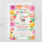 ラマおもしろい1歳の誕生日の招待状。フォローラル 招待状 (正面)