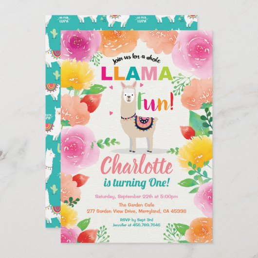 ラマおもしろい1歳の誕生日の招待状。フォローラル 招待状 (正面/裏面)