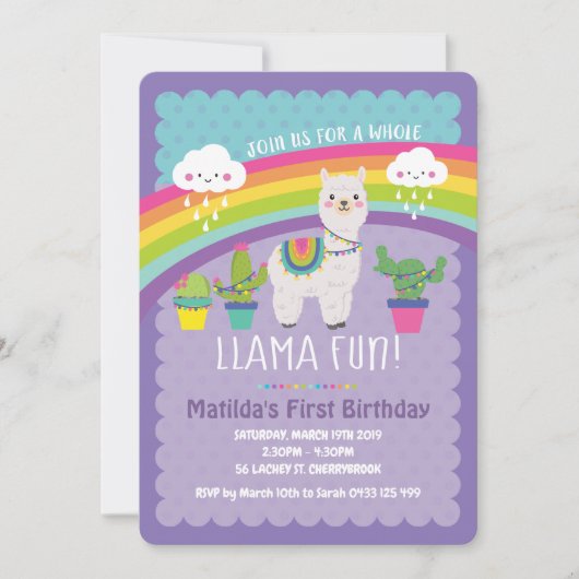 ラマおもしろい1st誕生日パーティの招待状アルパカ 招待状 (正面)