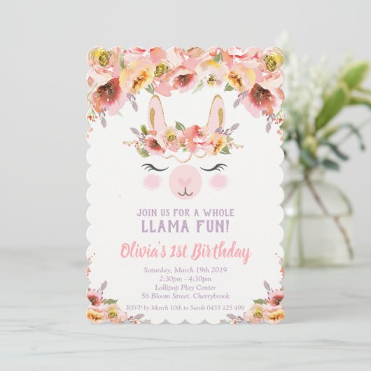 ラマおもしろい1st誕生日招待状女子フローラ 招待状 (スタンド正面)
