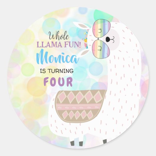 ラマおもしろい、カラフル子供の誕生日 ラウンドシール (正面)