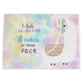 ラマおもしろい、カラフル子供の誕生日 ラージペーパーバッグ (正面)