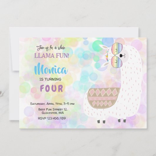 ラマおもしろい、カラフル子供の誕生日 招待状 (正面)