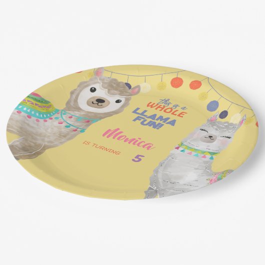 ラマおもしろい、黄色のカラフル子供の誕生日 ペーパープレート (アングル)