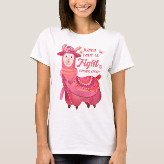 ラマここで乳がんにかわいいピンクリボンと戦う Tシャツ