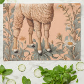 ラマとエレガントデイジーフラワーオンピーチ キッチンタオル (折り畳み)