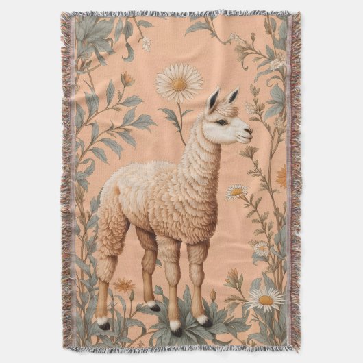 ラマとエレガントデイジーフラワーオンピーチ スローブランケット (正面縦)