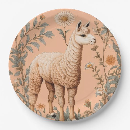 ラマとエレガントデイジーフラワーオンピーチ ペーパープレート (正面)