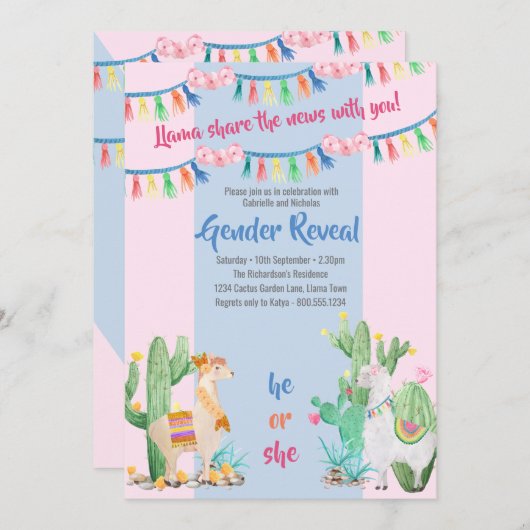 ラマとサボテンのピンクとブルーのジェンダーが明らかにする 招待状 (正面/裏面)