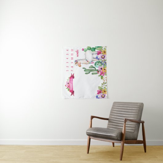 ラマとサボテンのフローラベビー名マイルストーンフォト タペストリー (インサイチュ)