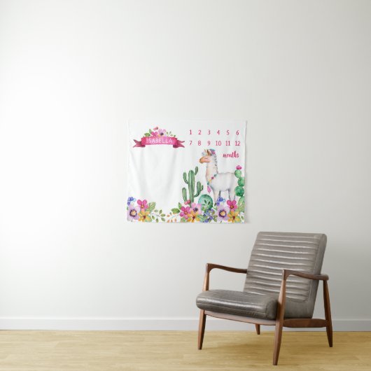 ラマとサボテンのフローラベビー名マイルストーンフォト タペストリー (インサイチュ(横))