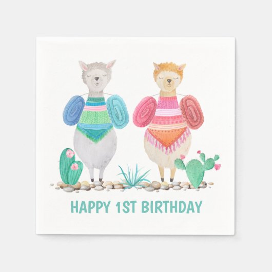 ラマとサボテンの水の色パーソナライズされた スタンダードカクテルナプキン (正面)