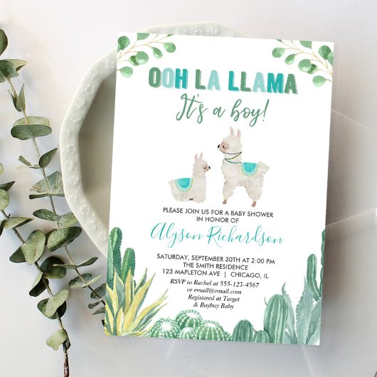 ラマとサボテンの男の子のシャワー 招待状