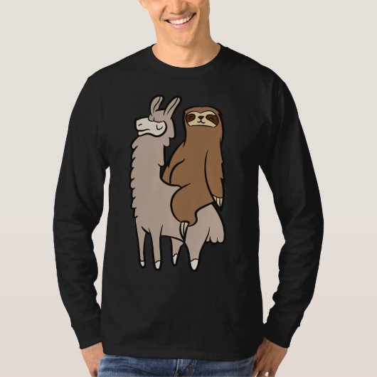 ラマとナマケモノに乗る可愛いナマケモノ Tシャツ (正面)