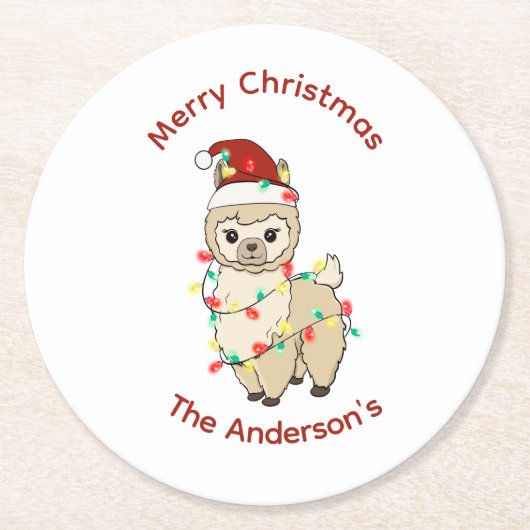 ラマとライトメリークリスマスハッピーホリデー ラウンドペーパーコースター (正面)