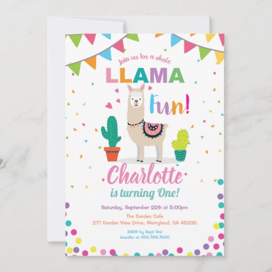 ラマのおもしろい誕生日の招待状。女の子が初日 招待状 (正面)