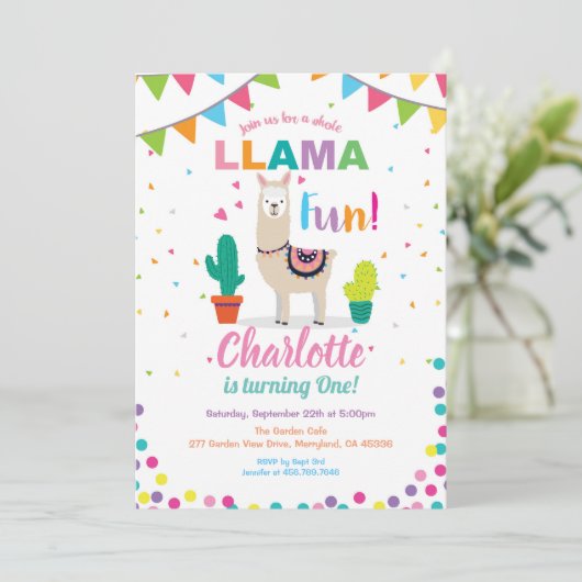 ラマのおもしろい誕生日の招待状。女の子が初日 招待状 (スタンド正面)