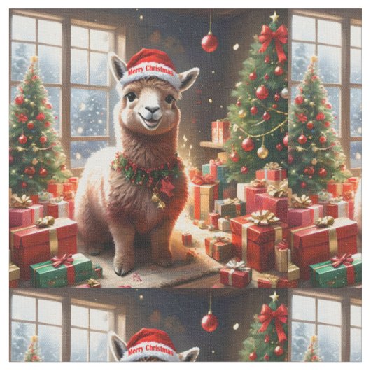 ラマのクリスマス・タイム ファブリック (クローズアップ)