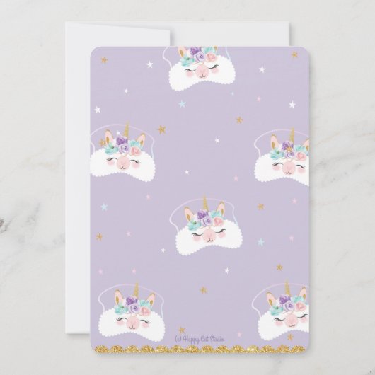 ラマのユニコーンのSleepoverの誕生会の眠り 招待状 (裏面)